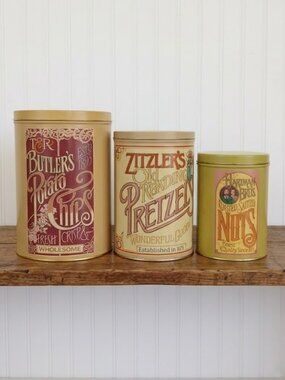 Vintage Metal Tins T & R Butler's Potato Chips Pretzels Nuts Kitchen Canisters